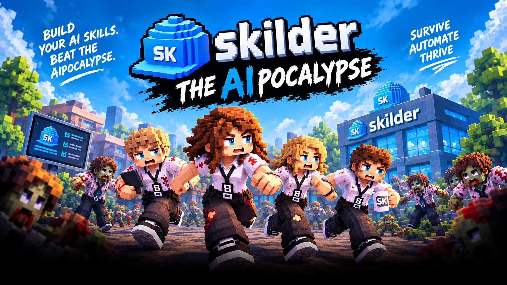 The AIpocalypse: Skilder and four colleagues running from a crowd of office zombies